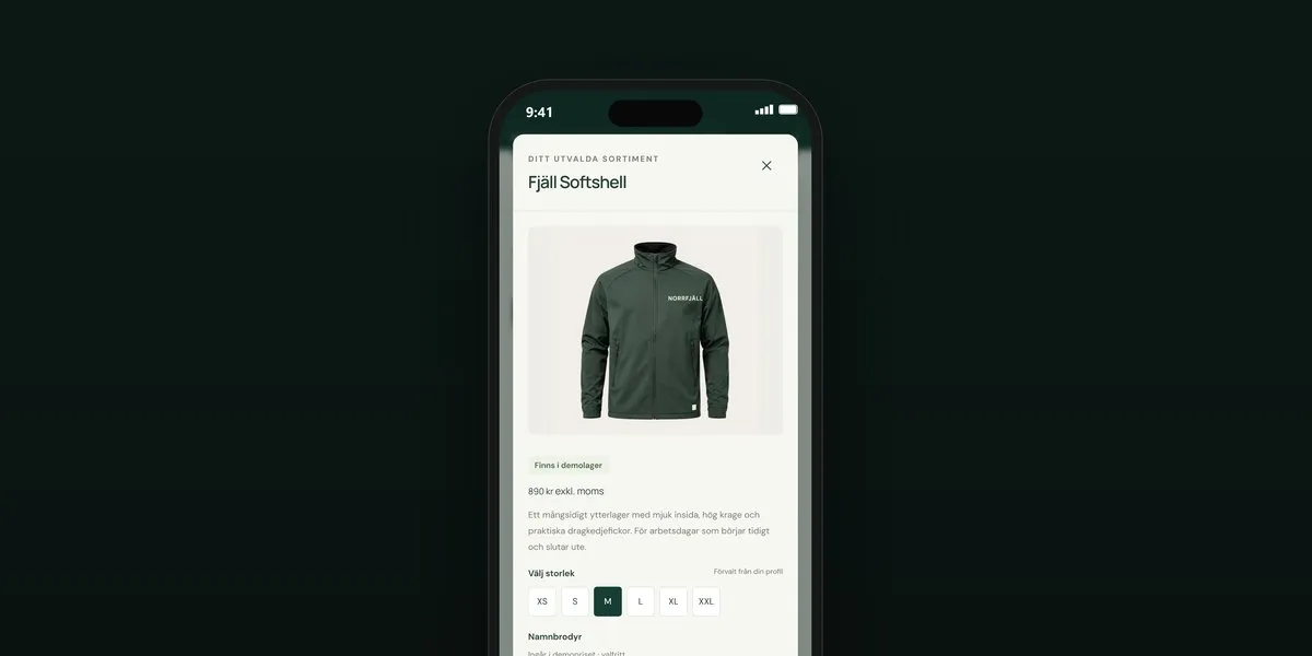 Personalshoppen i mobilen: produktvy med storleksval och Lägg i varukorg